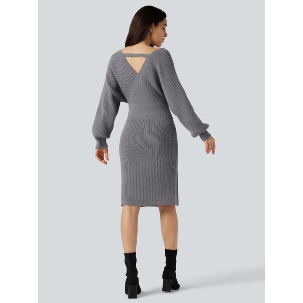 NWOT Halara V-neck Batwing Long Sleeve Split Bodycon Midi Sweater Dres - Picture 2 of 11